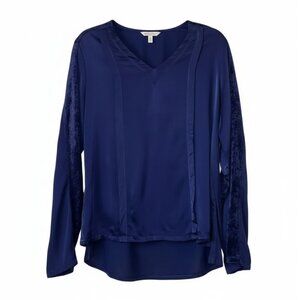 NEW XCVI Dark Blue Silky Long Sleeve Tunic Top w/ Velour Shoulder Detail Sz. S